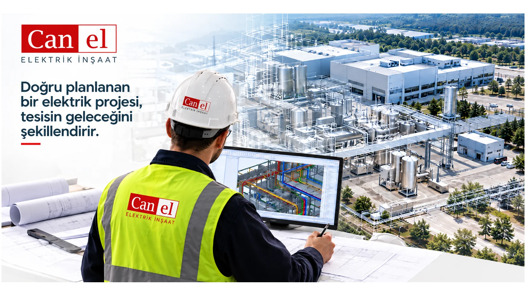 CANEL illustration combining an engineer modelling a factory electrical design with facility infrastructure