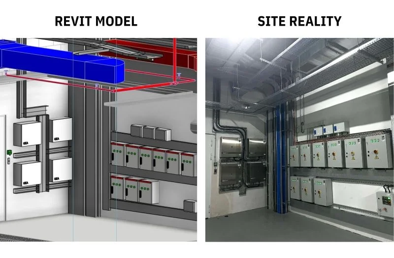 Canel’in resmi paylaşımında Revit modeli ile sahadaki elektrik odasının karşılaştırması