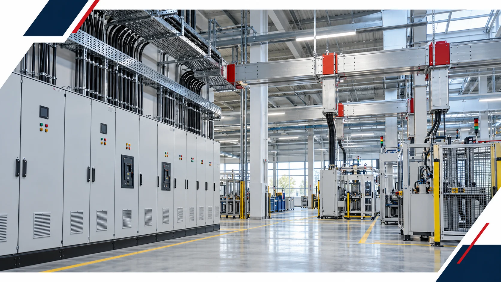 Panels, busbar and cable containment in a production area — AI-generated illustration