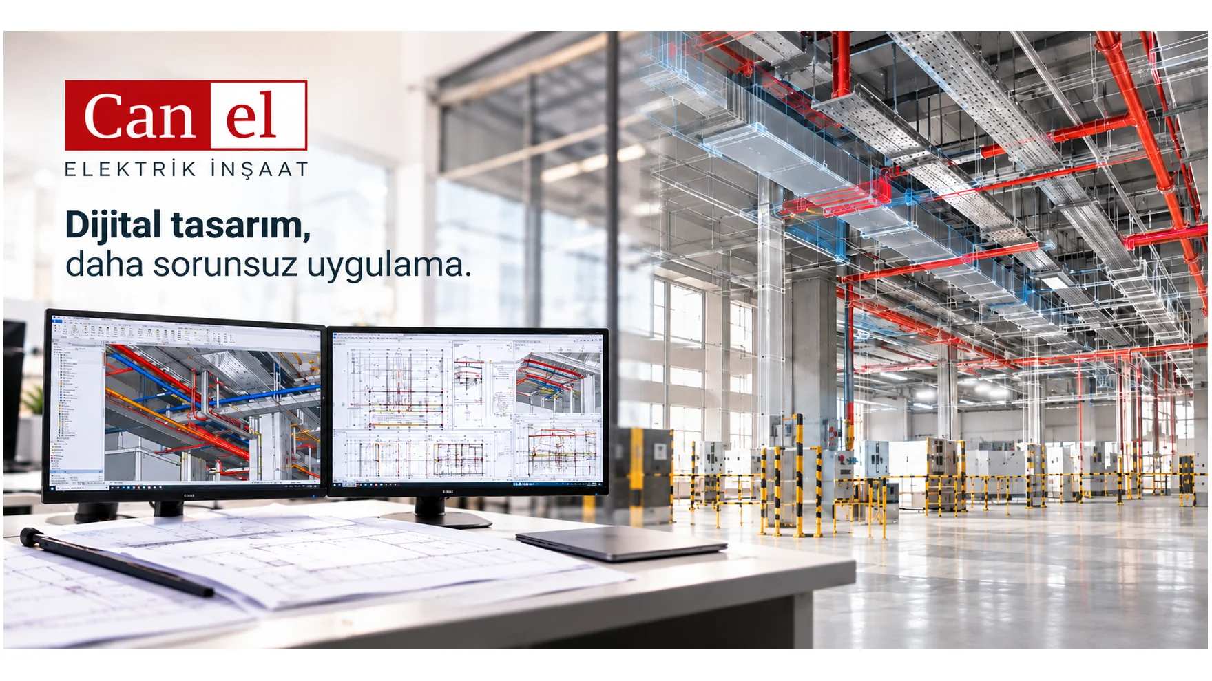 CANEL illustration connecting digital BIM models with coordinated overhead services in a factory