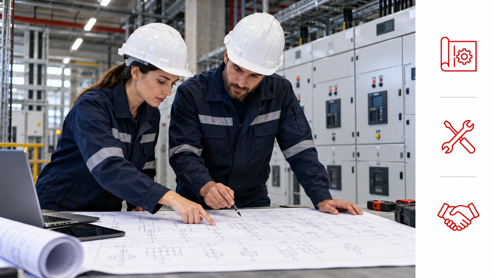 Engineers reviewing an electrical contracting scope — AI-generated illustration